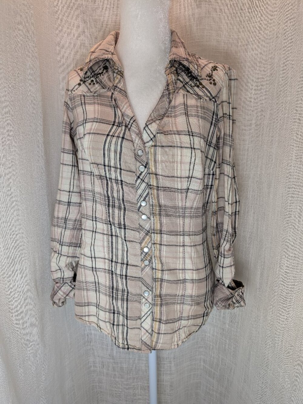 Guess Jeans Cowgirl Plaid Western Shirt Pearl Snaps V Neck Size M